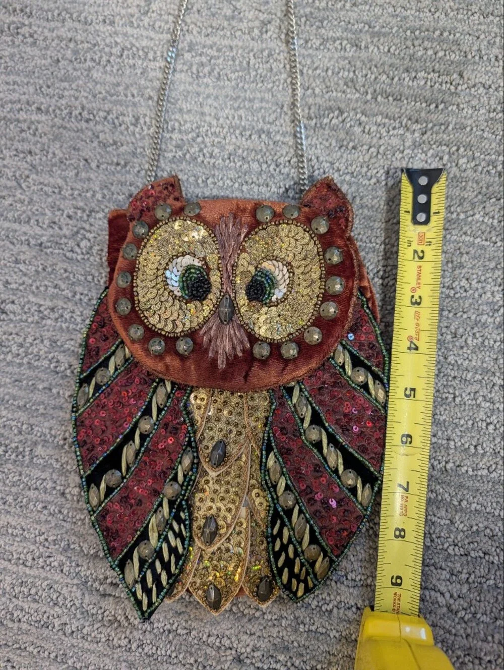 Vintage Beaded Owl Pendant Crossbody Bag – Red and Gold